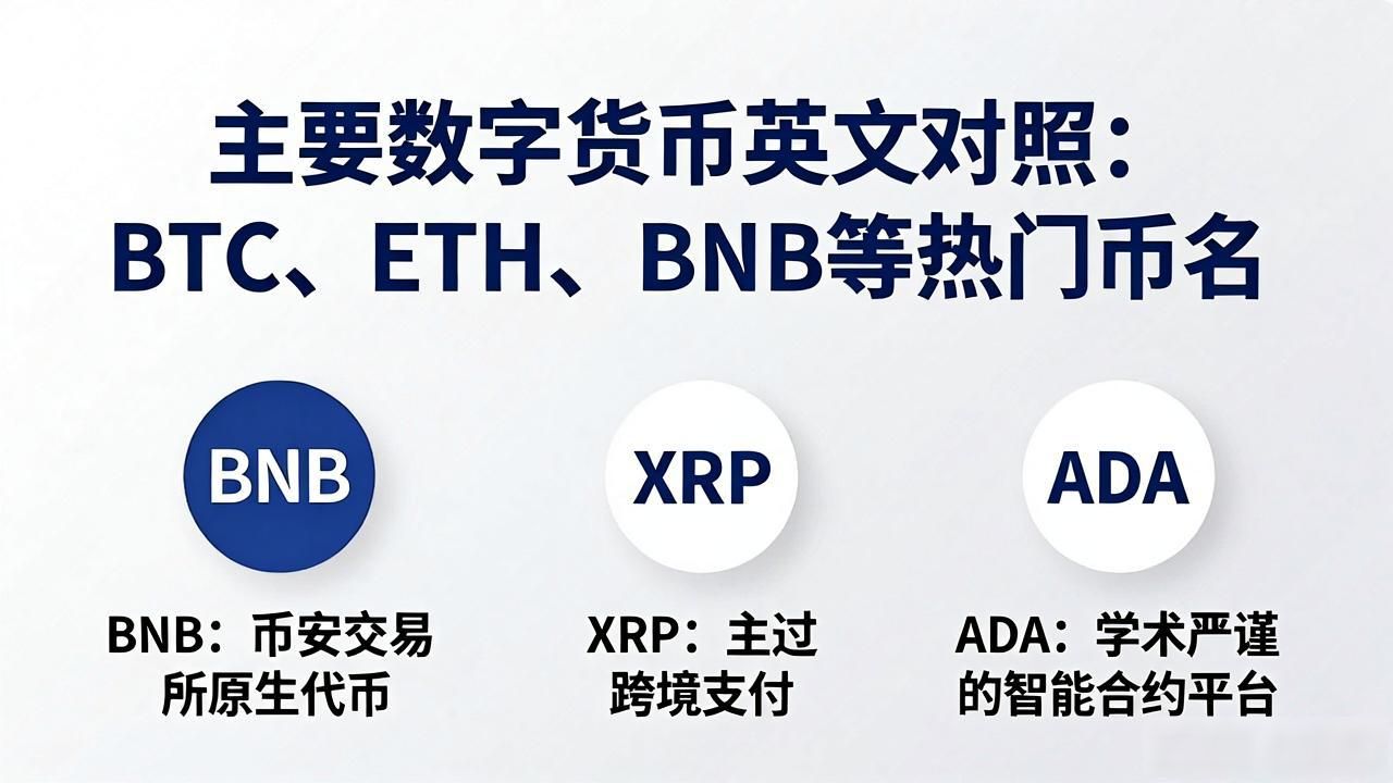 主要数字货币英文对照：BTC、ETH、BNB等热门币名大全
